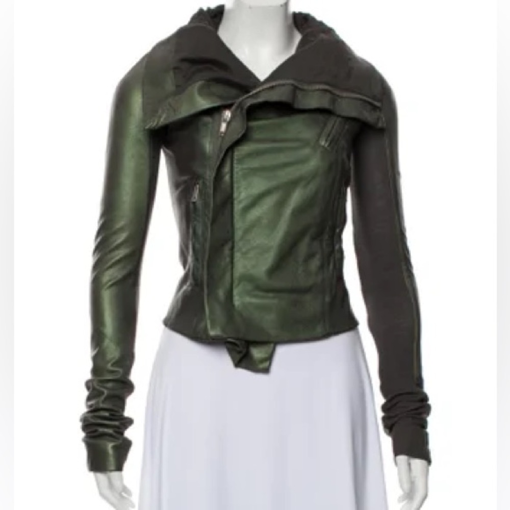 Rick Owens Scarabe Metallic  Green Leather Jacket - XXS